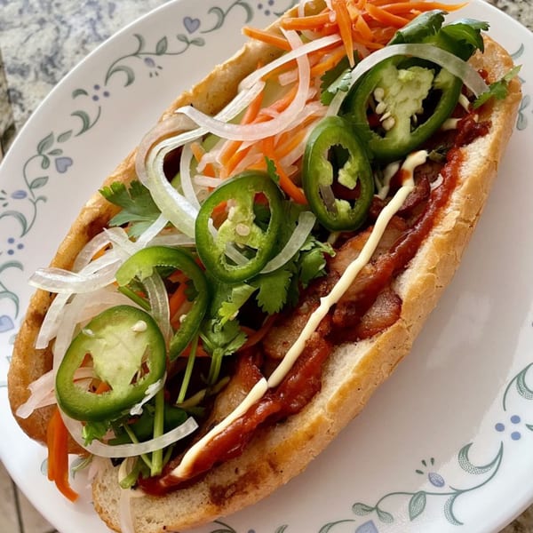 A Vietnamese Banh Mi sandwich, filled with meat, pickled vegetables, cilantro, and jalapeños, on a white plate.